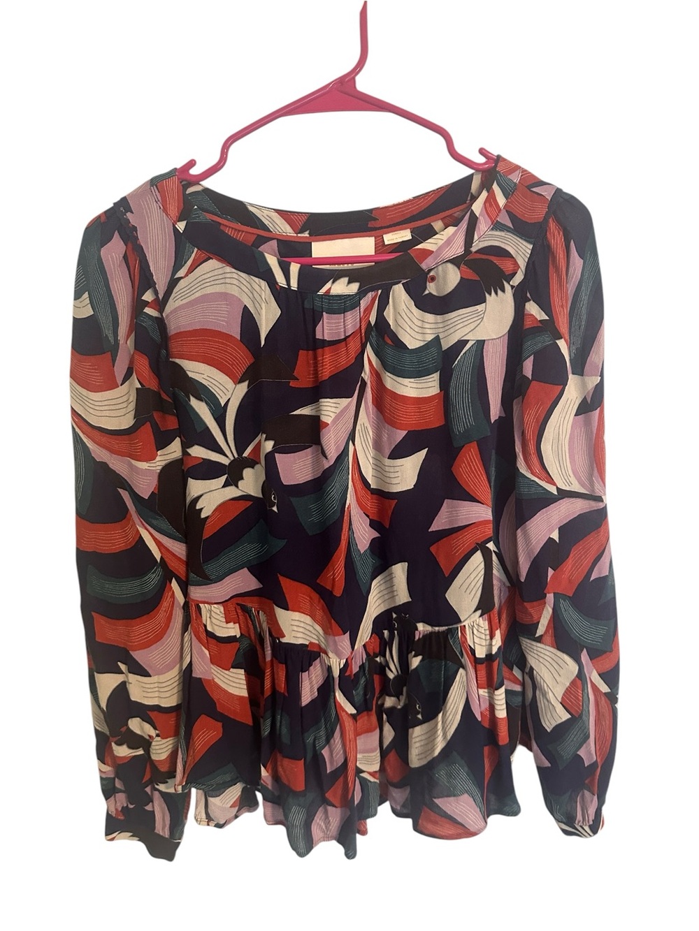 Maeve by Anthropologie Cheyenne Peplum Blouse Bird Print Top Multi Navy Size XS